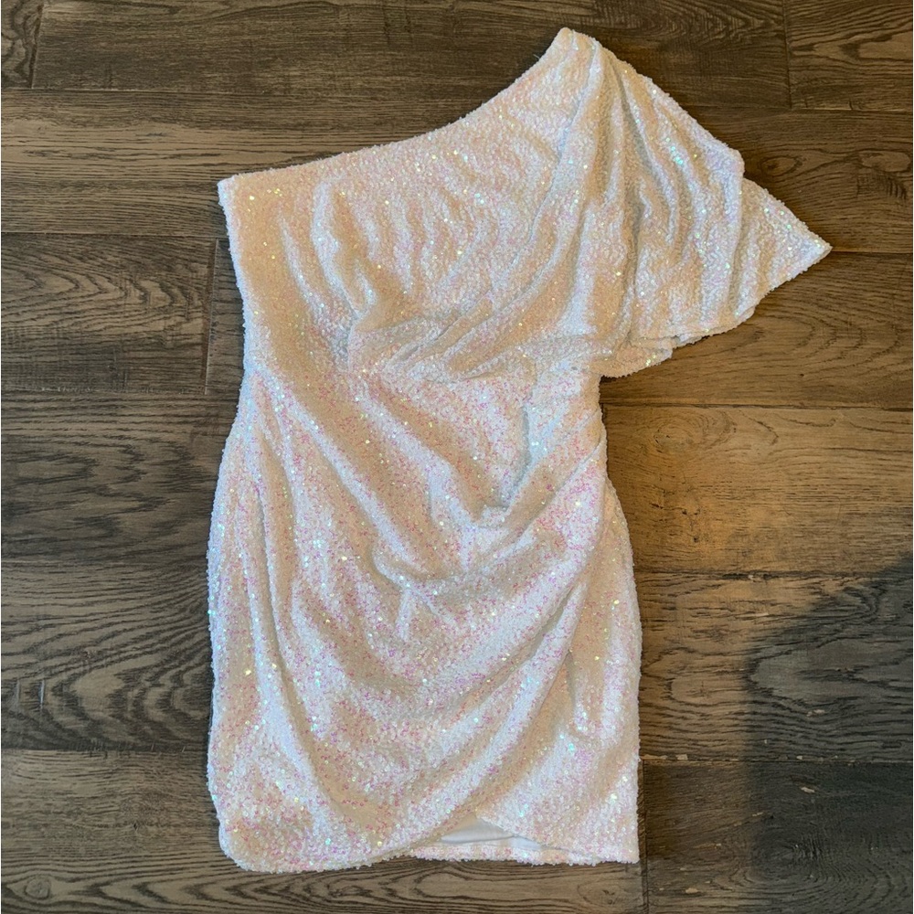 Fashion Nova White One-Shoulder Sequin Mini Dress